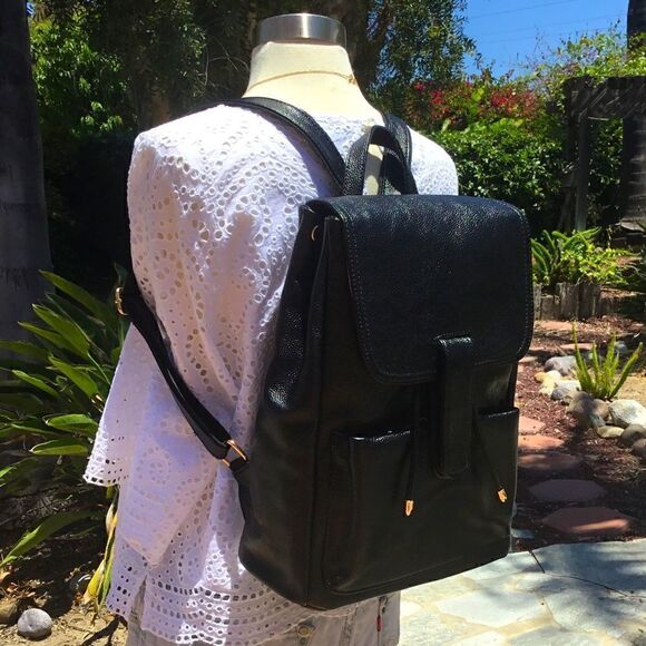 BACKPACK BLACK PEBBLE LEATHER SCHOOL WORK OFFICE TRAVEL - Picture 10 of 11